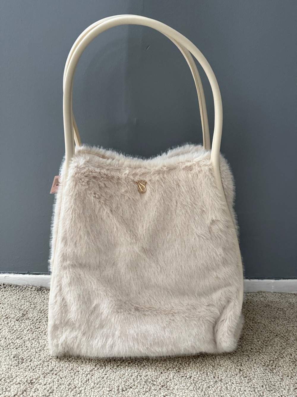 VS Faux Fur Tote Bag in Light Beige